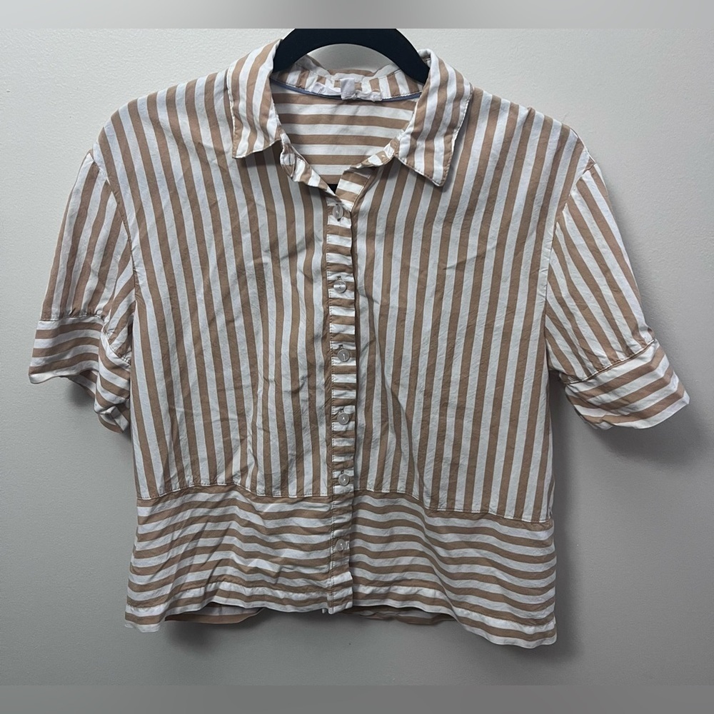 Jane and Delancey Brown and White Striped Button Down Shirt